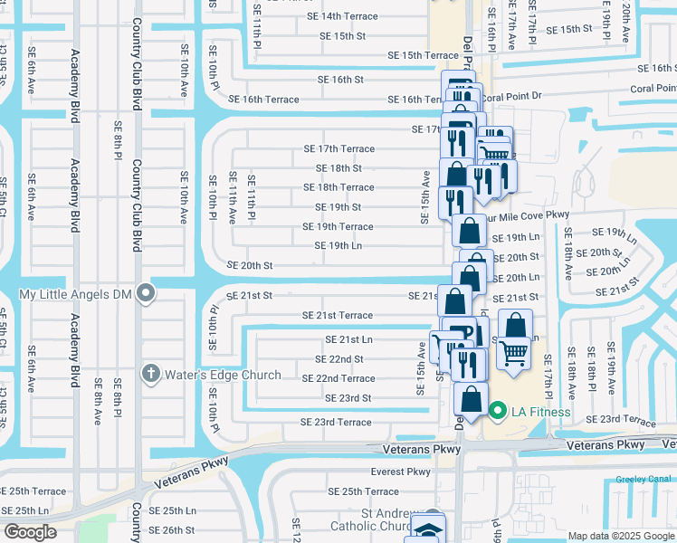 map of restaurants, bars, coffee shops, grocery stores, and more near 1317 Southeast 21st Street in Cape Coral