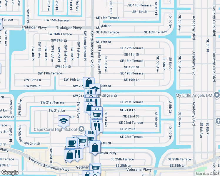 map of restaurants, bars, coffee shops, grocery stores, and more near 134 Southeast 20th Street in Cape Coral