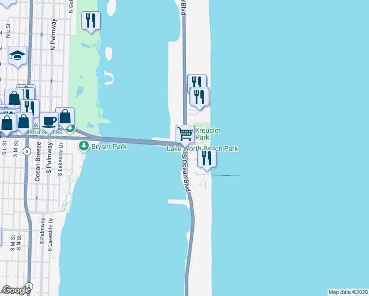 map of restaurants, bars, coffee shops, grocery stores, and more near in Lake Worth Beach