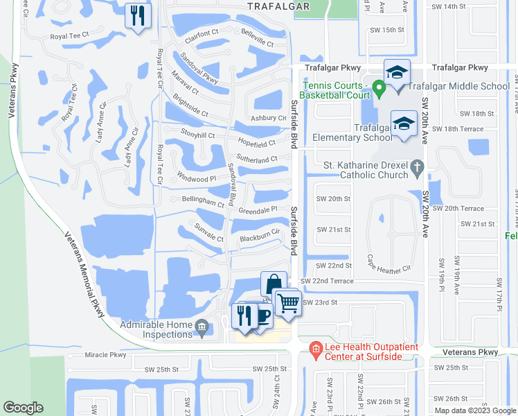 map of restaurants, bars, coffee shops, grocery stores, and more near 2511 Greendale Place in Cape Coral