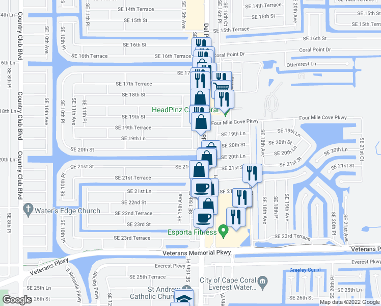 map of restaurants, bars, coffee shops, grocery stores, and more near 1516 Southeast 20th Street in Cape Coral