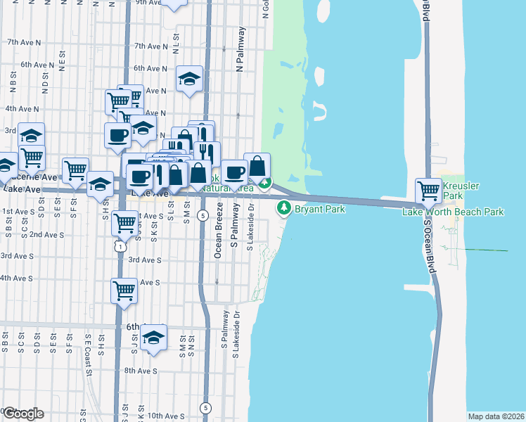 map of restaurants, bars, coffee shops, grocery stores, and more near 10 1st Avenue South in Lake Worth