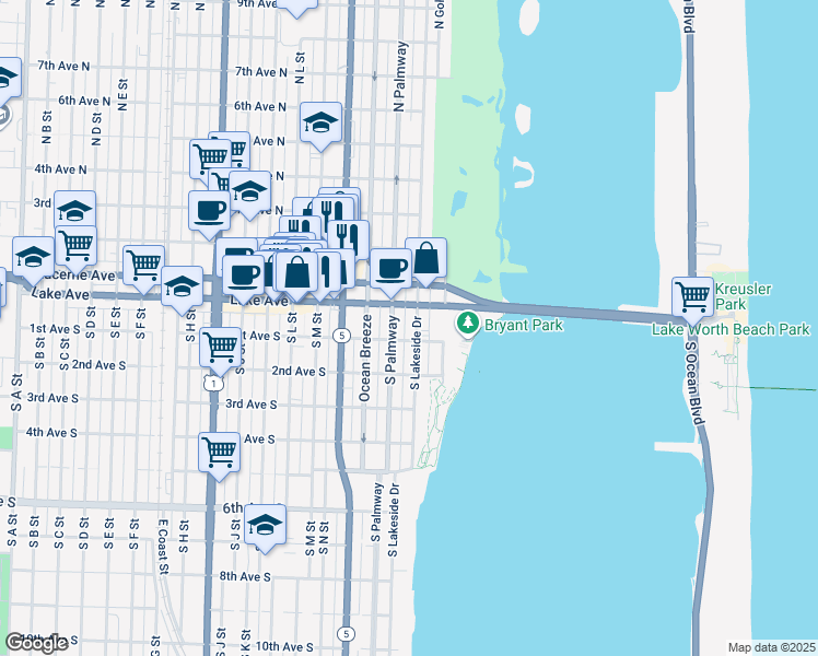map of restaurants, bars, coffee shops, grocery stores, and more near 30 South Palmway in Lake Worth