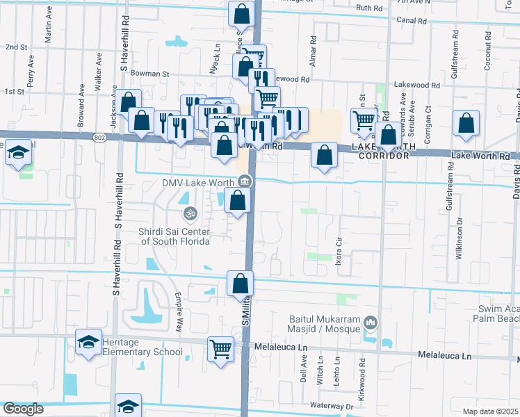 map of restaurants, bars, coffee shops, grocery stores, and more near in Lake Worth Corridor