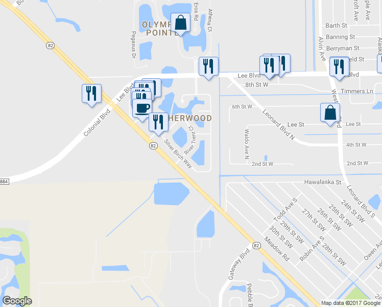 map of restaurants, bars, coffee shops, grocery stores, and more near 11155 River Trent Court in Lehigh Acres
