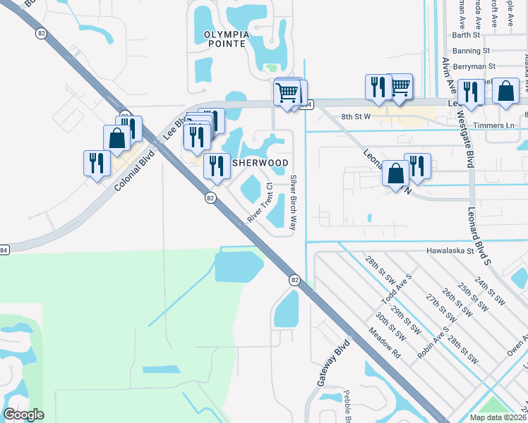map of restaurants, bars, coffee shops, grocery stores, and more near 8340 Silver Birch Way in Lehigh Acres