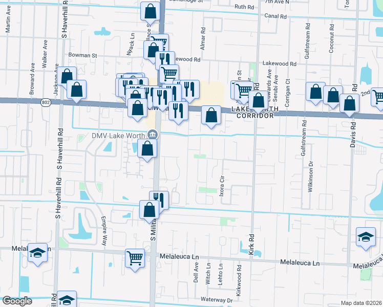 map of restaurants, bars, coffee shops, grocery stores, and more near 210 Urquhart Street in Lake Worth