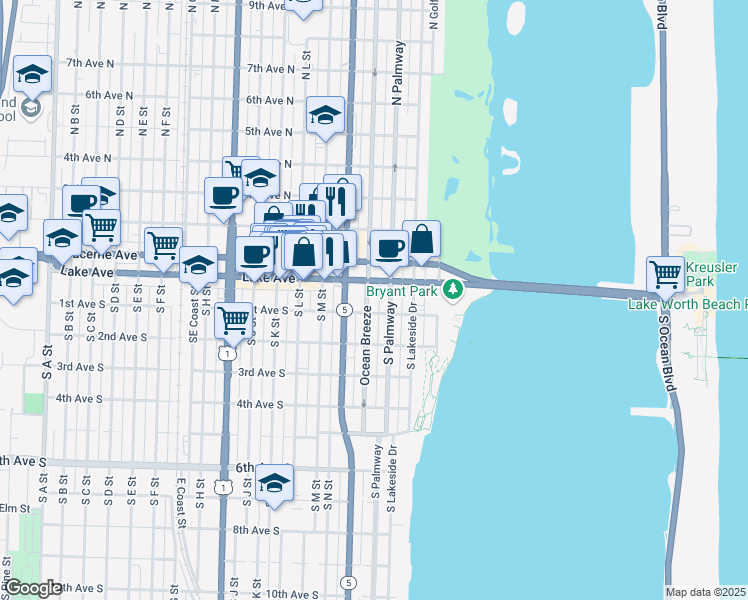map of restaurants, bars, coffee shops, grocery stores, and more near 30 South Palmway in Lake Worth