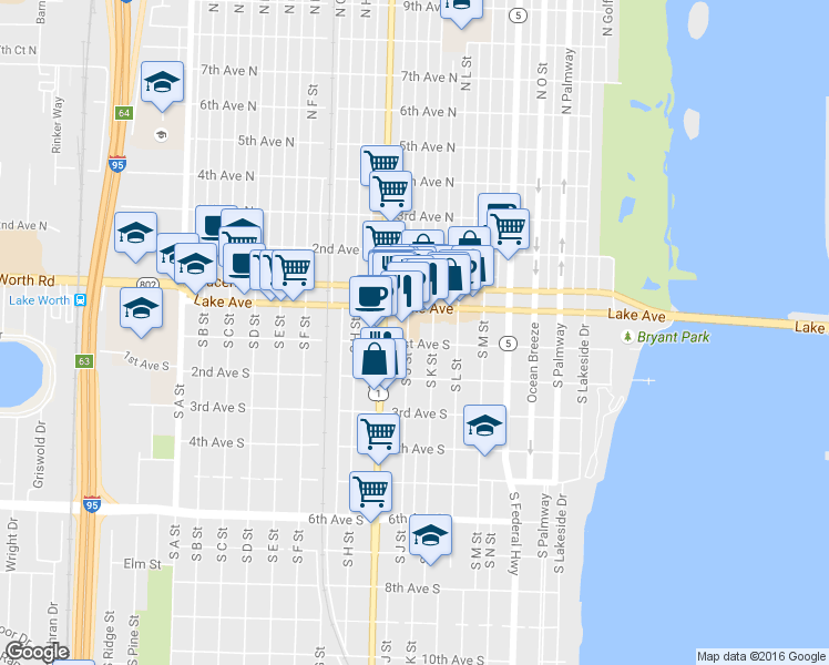 map of restaurants, bars, coffee shops, grocery stores, and more near 101 South J Street in Lake Worth