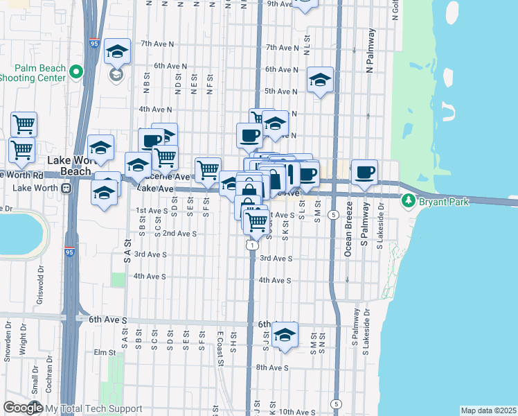 map of restaurants, bars, coffee shops, grocery stores, and more near 101 South J Street in Lake Worth