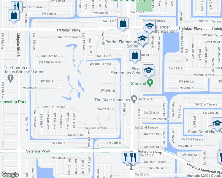 map of restaurants, bars, coffee shops, grocery stores, and more near 841 Southwest 20th Street in Cape Coral