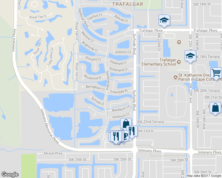 map of restaurants, bars, coffee shops, grocery stores, and more near 2547 Woodbourne Place in Cape Coral