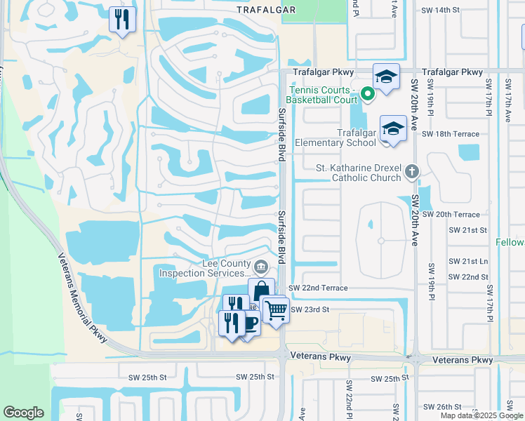 map of restaurants, bars, coffee shops, grocery stores, and more near 2478 Greendale Place in Cape Coral