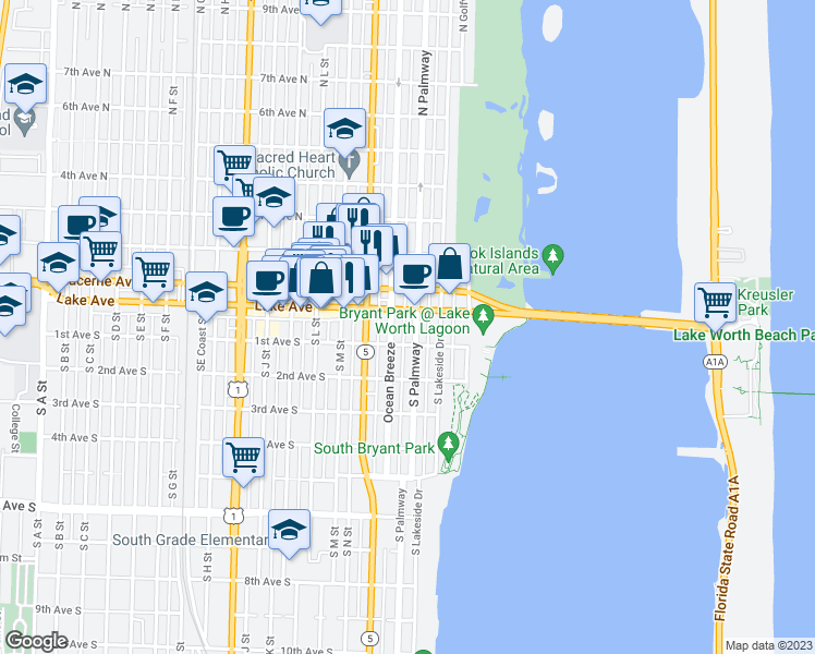 map of restaurants, bars, coffee shops, grocery stores, and more near 30 South Palmway in Lake Worth