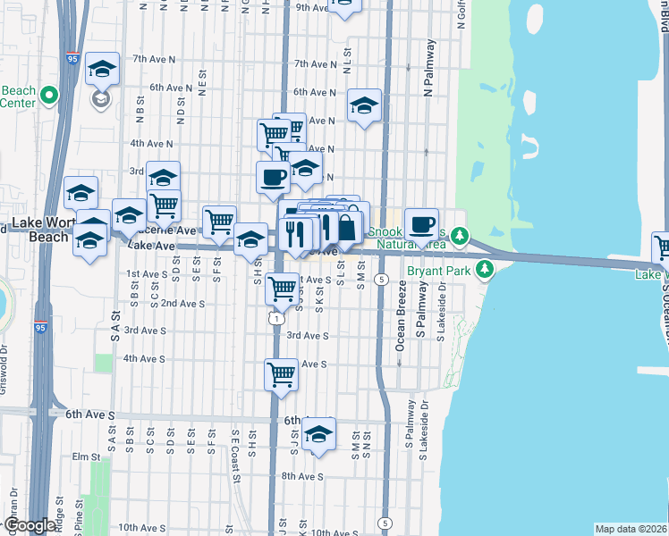 map of restaurants, bars, coffee shops, grocery stores, and more near 104 South K Street in Lake Worth