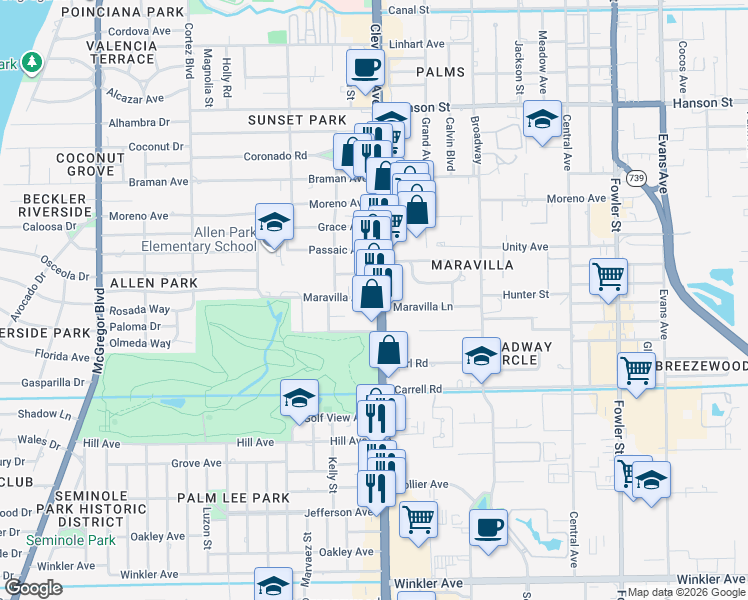 map of restaurants, bars, coffee shops, grocery stores, and more near 1960 Maravilla Avenue in Fort Myers
