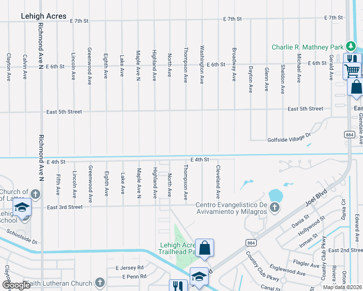 map of restaurants, bars, coffee shops, grocery stores, and more near 400 Thompson Avenue in Lehigh Acres
