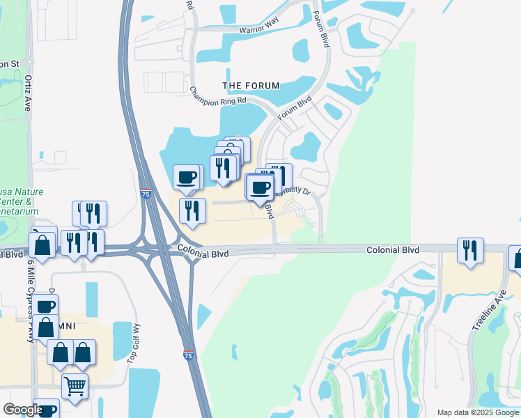 map of restaurants, bars, coffee shops, grocery stores, and more near 3350 Forum Boulevard in Fort Myers