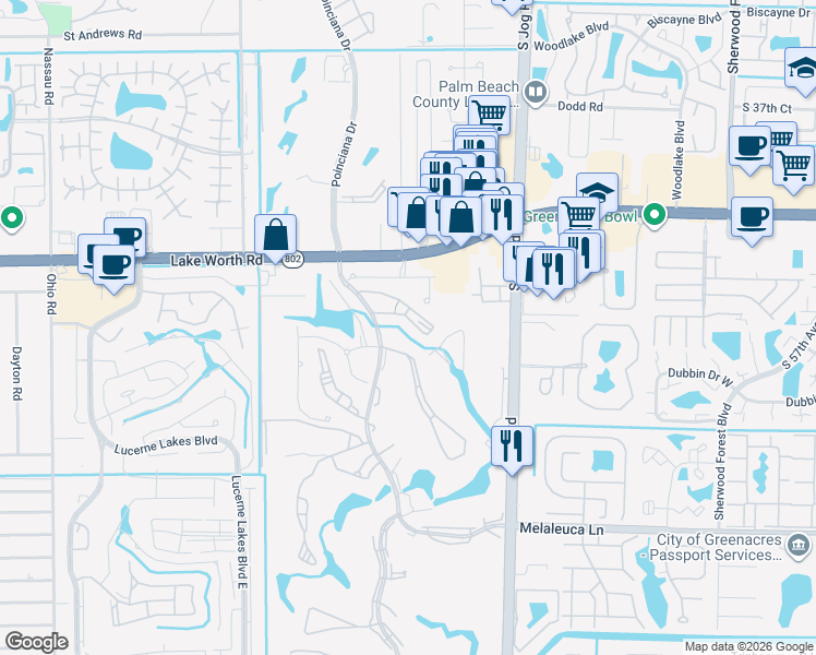 map of restaurants, bars, coffee shops, grocery stores, and more near 4120 Tivoli Court in Lake Worth
