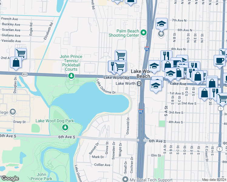 map of restaurants, bars, coffee shops, grocery stores, and more near 302 Lake Osborne Drive in Lake Worth Beach