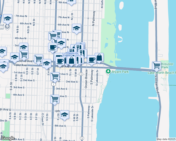 map of restaurants, bars, coffee shops, grocery stores, and more near 30 South Palmway in Lake Worth