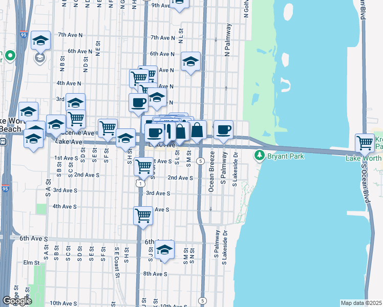 map of restaurants, bars, coffee shops, grocery stores, and more near 105 South M Street in Lake Worth
