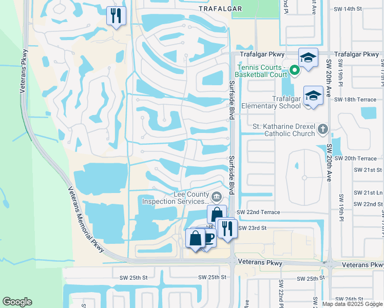 map of restaurants, bars, coffee shops, grocery stores, and more near 2543 Woodbourne Place in Cape Coral