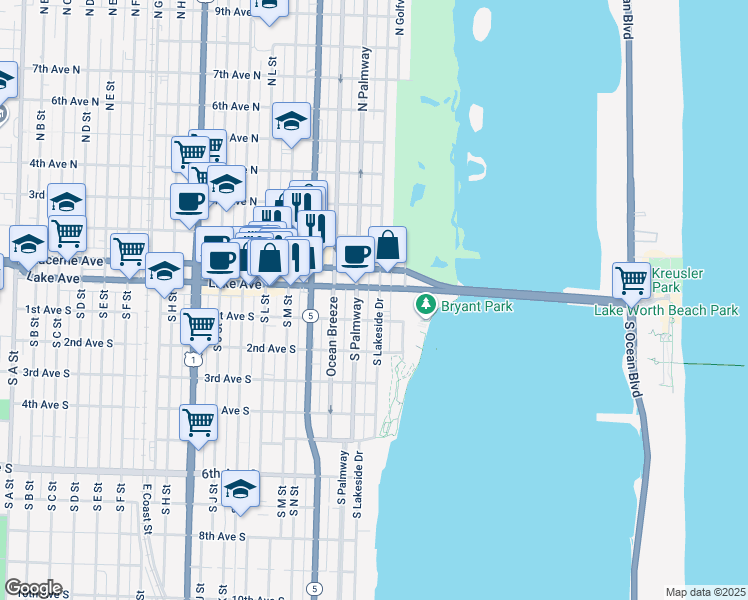 map of restaurants, bars, coffee shops, grocery stores, and more near 1 South Lakeside Drive in Lake Worth Beach