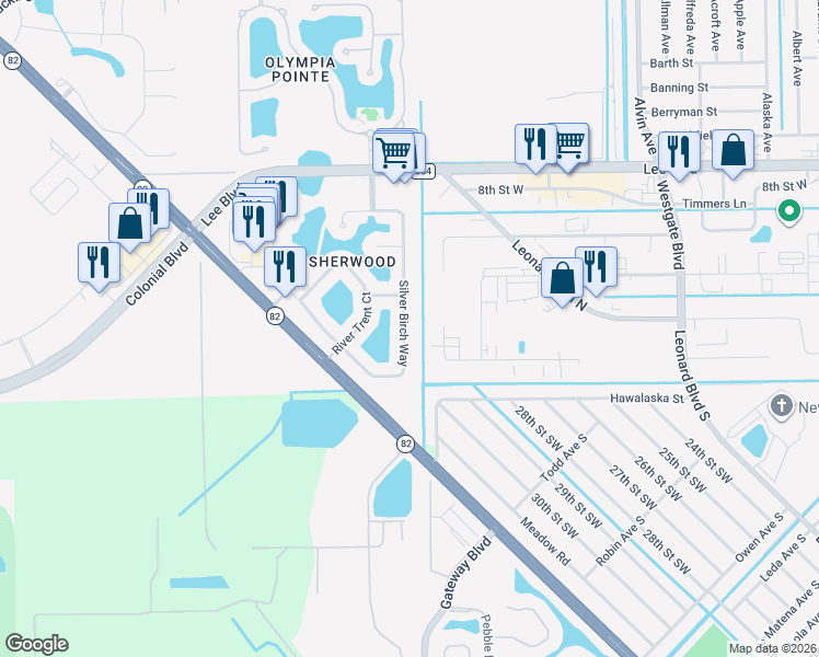 map of restaurants, bars, coffee shops, grocery stores, and more near 8218 Silver Birch Way in Lehigh Acres