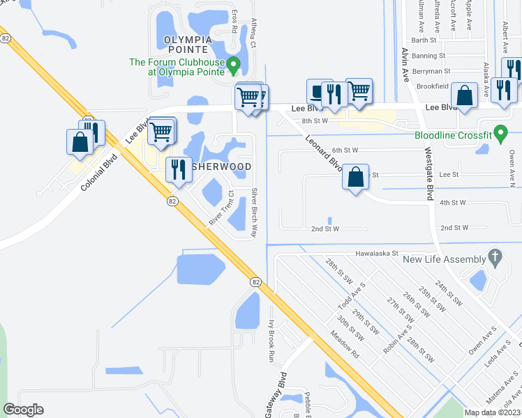 map of restaurants, bars, coffee shops, grocery stores, and more near 8218 Silver Birch Way in Lehigh Acres