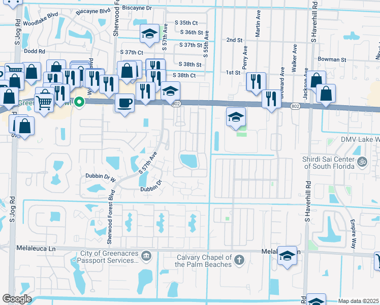 map of restaurants, bars, coffee shops, grocery stores, and more near 25 Ricks Drive in Lake Worth