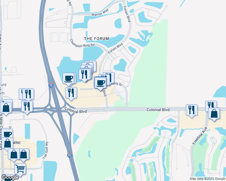map of restaurants, bars, coffee shops, grocery stores, and more near 3415 Forum Boulevard in Fort Myers