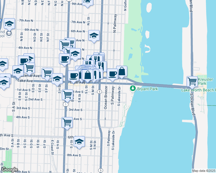 map of restaurants, bars, coffee shops, grocery stores, and more near 200 Lake Avenue in Lake Worth