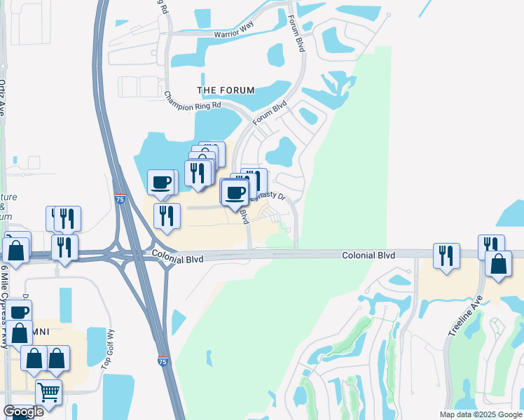 map of restaurants, bars, coffee shops, grocery stores, and more near 3419 Forum Boulevard in Fort Myers