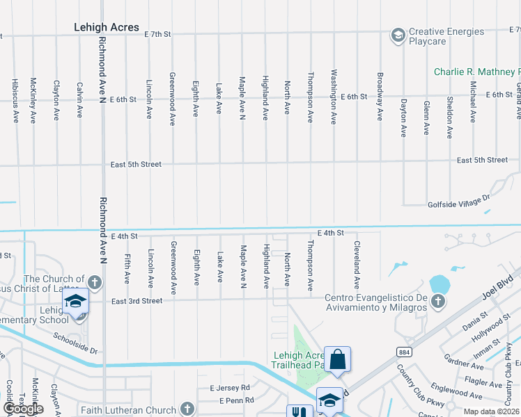map of restaurants, bars, coffee shops, grocery stores, and more near 411 Highland Avenue in Lehigh Acres