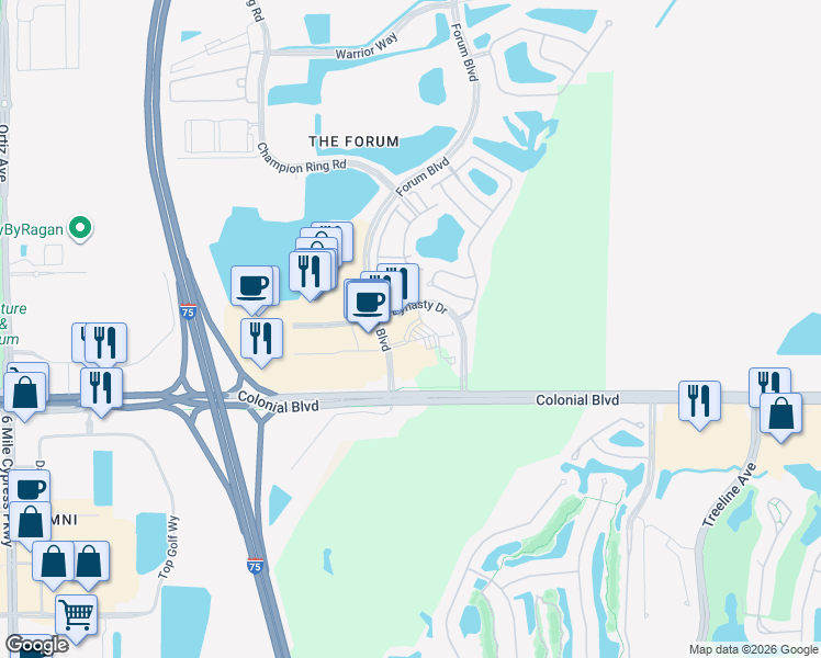 map of restaurants, bars, coffee shops, grocery stores, and more near 3419 Forum Boulevard in Fort Myers