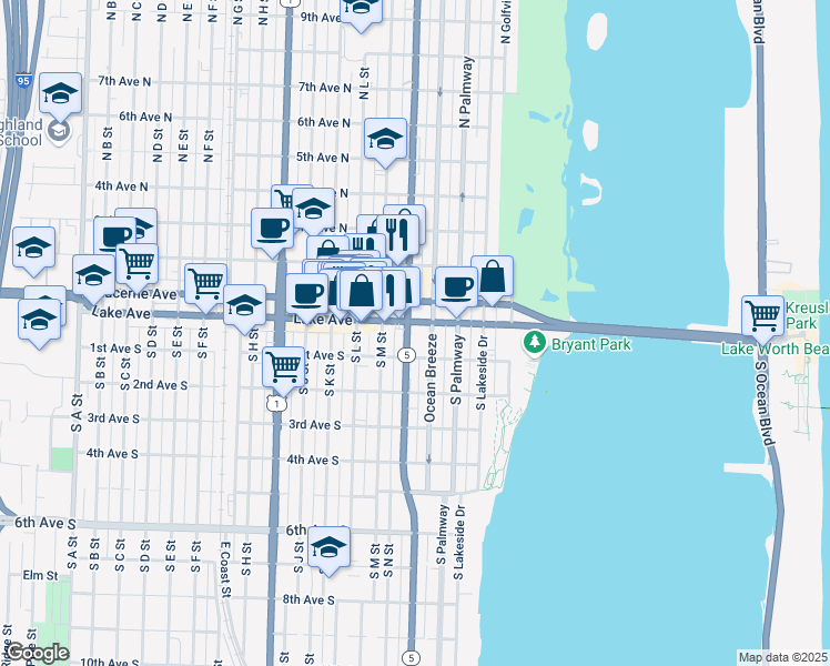map of restaurants, bars, coffee shops, grocery stores, and more near in Lake Worth Beach
