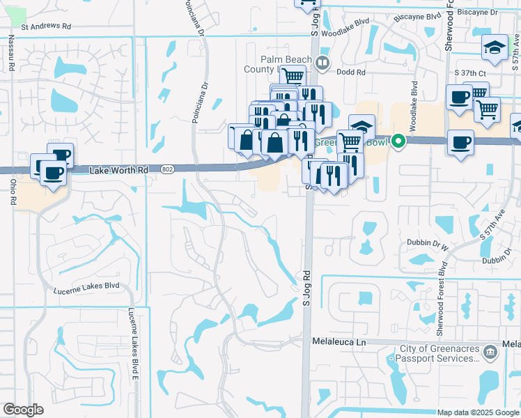 map of restaurants, bars, coffee shops, grocery stores, and more near 4102 Tivoli Court in Lake Worth