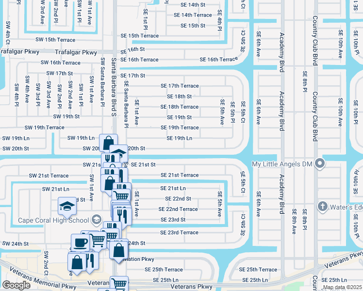 map of restaurants, bars, coffee shops, grocery stores, and more near 208 Southeast 19th Lane in Cape Coral