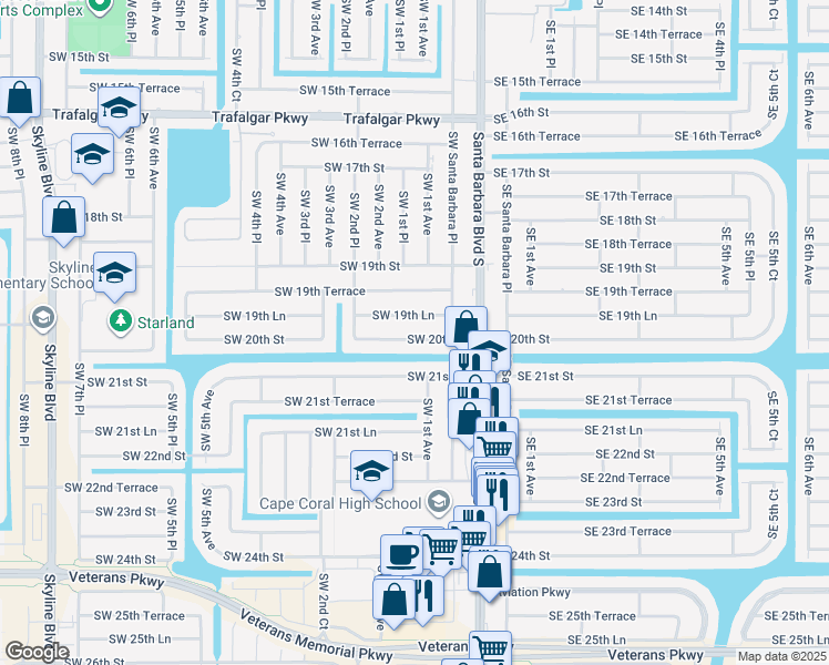 map of restaurants, bars, coffee shops, grocery stores, and more near 107 Southwest 19th Lane in Cape Coral