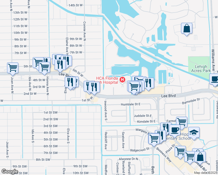 map of restaurants, bars, coffee shops, grocery stores, and more near 1550 Lee Boulevard in Lehigh Acres
