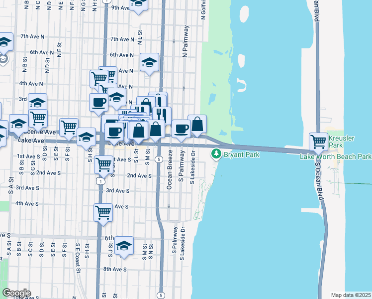 map of restaurants, bars, coffee shops, grocery stores, and more near 200 Lake Avenue in Lake Worth