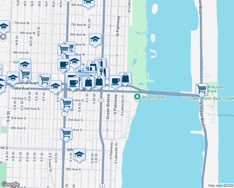 map of restaurants, bars, coffee shops, grocery stores, and more near 200 Lake Avenue in Lake Worth