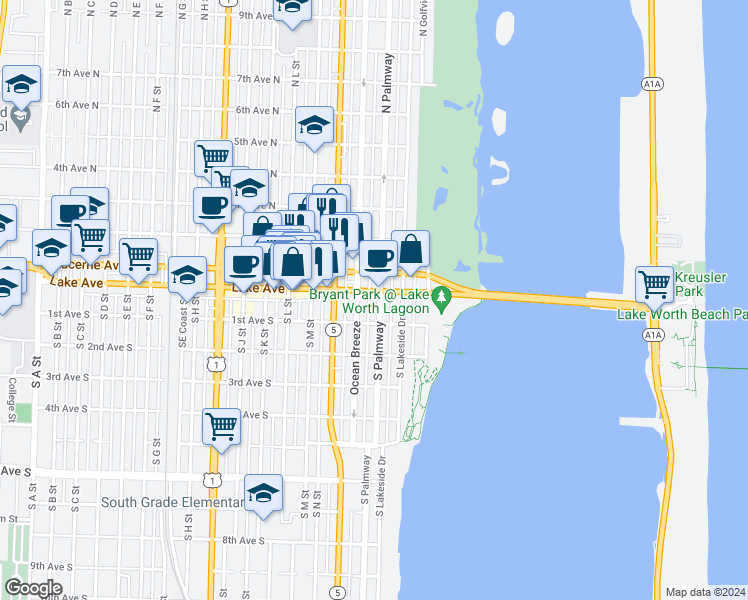 map of restaurants, bars, coffee shops, grocery stores, and more near 200 Lake Avenue in Lake Worth