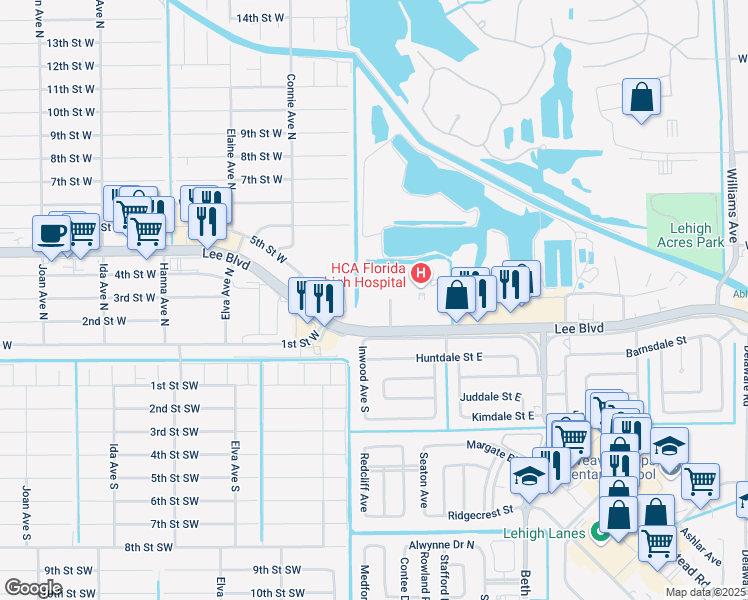 map of restaurants, bars, coffee shops, grocery stores, and more near 1550 Lee Blvd in Lehigh Acres