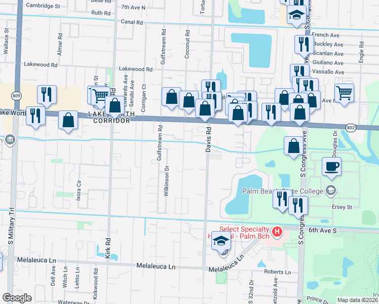 map of restaurants, bars, coffee shops, grocery stores, and more near 4162 Coconut Road in Lake Worth
