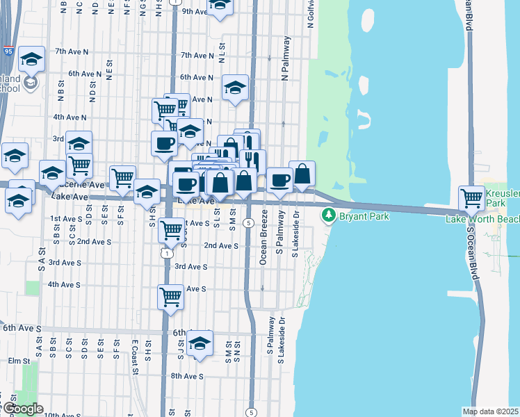 map of restaurants, bars, coffee shops, grocery stores, and more near in Lake Worth Beach
