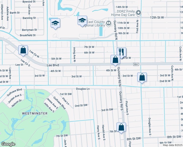 map of restaurants, bars, coffee shops, grocery stores, and more near 302 Harry Avenue North in Lehigh Acres