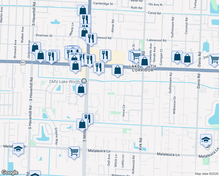 map of restaurants, bars, coffee shops, grocery stores, and more near 4165 Sanders Drive in Lake Worth