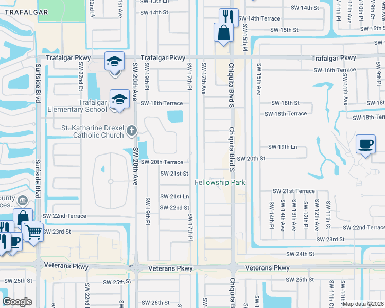 map of restaurants, bars, coffee shops, grocery stores, and more near 1920 Southwest 17th Place in Cape Coral